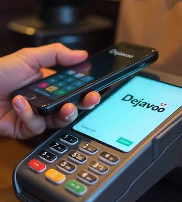Mobile payment processing with Dejavoo terminal and smartphone for secure credit card transactions.