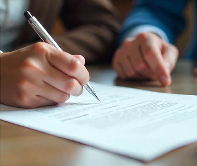 1. Hand signing a document for merchant services and payment processing solutions.