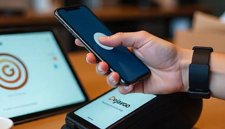 Contactless payment terminal with mobile phone and card reader for secure transactions.