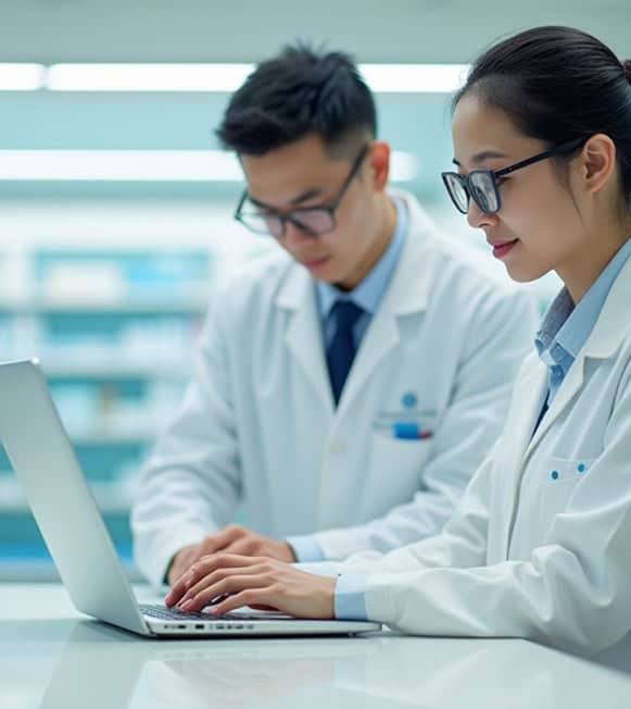 High-tech medical professionals analyzing data on laptop in healthcare lab.