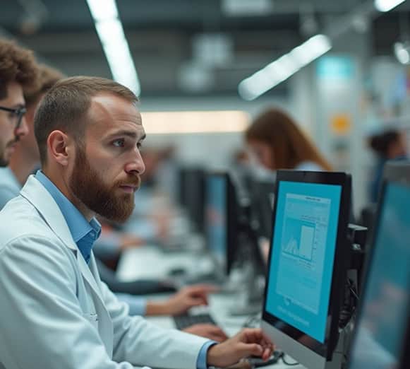 High-tech financial professional working on computer at healthcare or business facility.