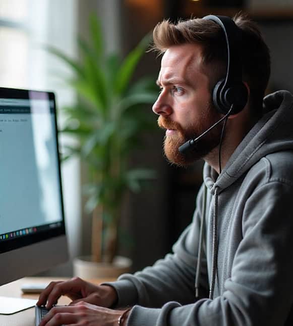 1. Customer support representative with headset working at computer for merchant service assistance.
