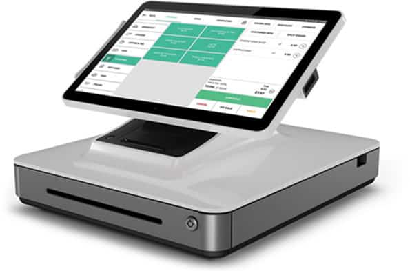 Touchscreen point-of-sale terminal with integrated payment processing hardware for merchants.