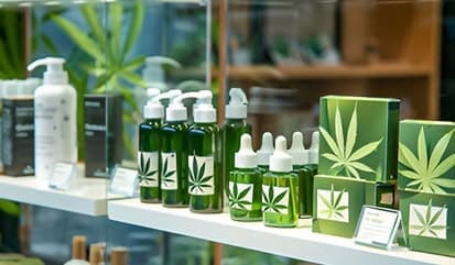 Eco-friendly CBD products with cannabis leaf packaging at a retail display.
