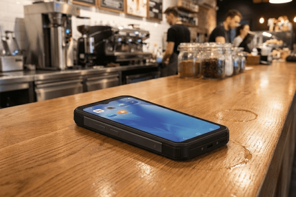 1. Mobile smartphone on a wooden bar countertop at a coffee shop for payment processing.