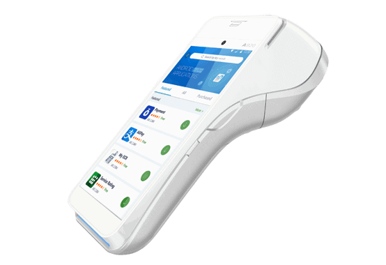 A920 Mobile payment terminal for retail and hospitality businesses, accepting credit card payments.
