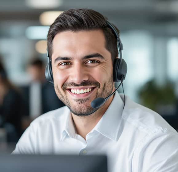 Friendly customer support representative with headset at Host Merchant Services office.