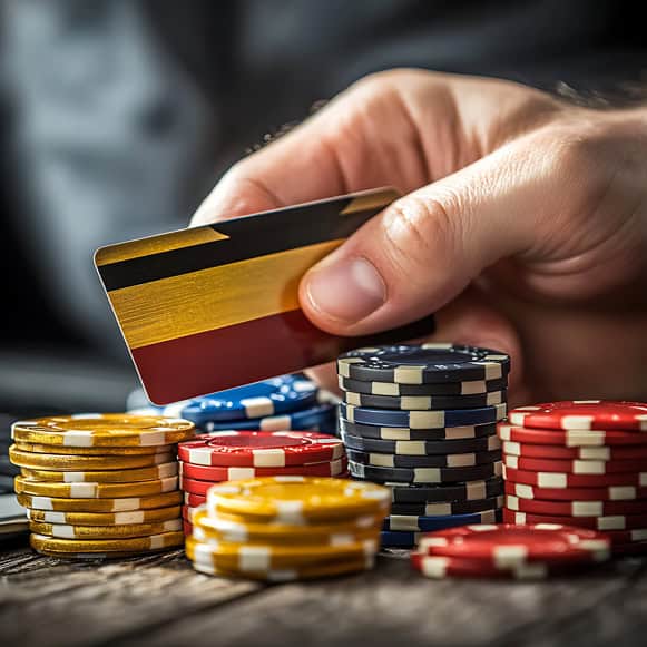 Secure credit card transaction at a casino table with chips and a hand holding a credit card.