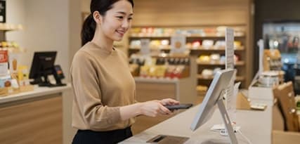 E-commerce payment solution at checkout kiosk.