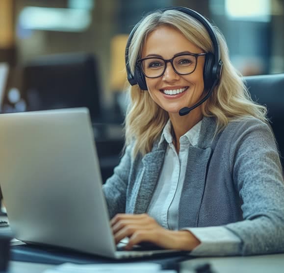 Customer service representative wearing headset, working on laptop at call center or support desk.