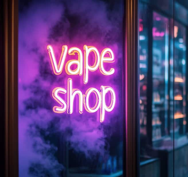 Vape shop neon sign with purple lighting and smoke effects, modern vaping store storefront.