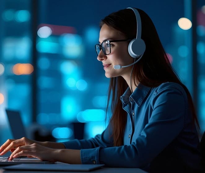 Efficient customer support representative with headset assisting clients in a modern office setting.
