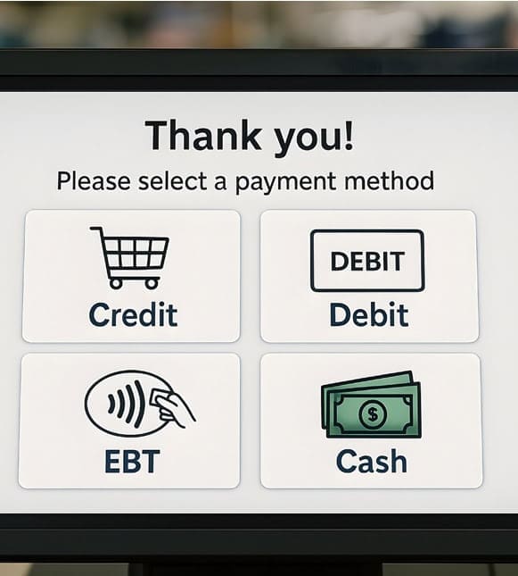 Fast payment method options on a digital payment terminal.