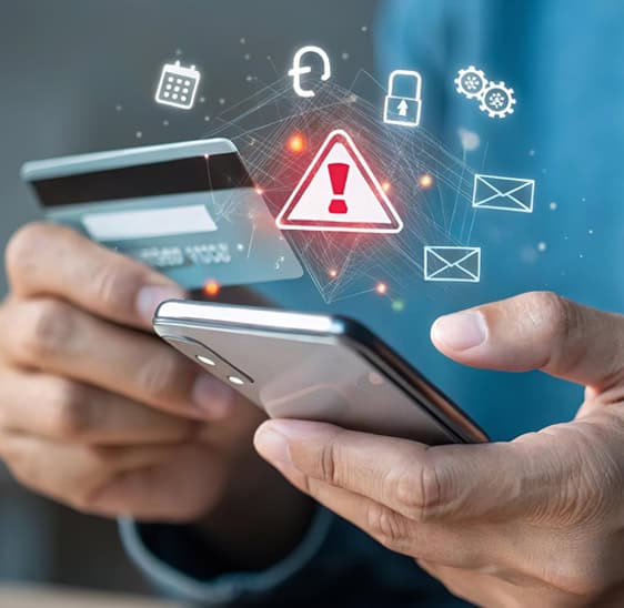 Unauthorized transaction alert on mobile device with cybersecurity icons.