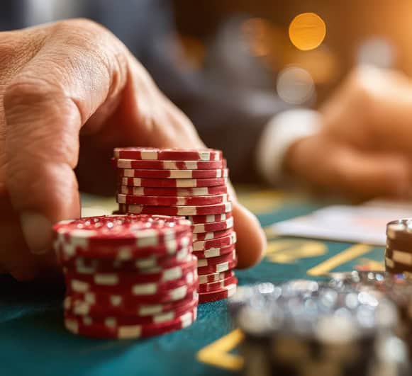 Stacks of poker chips on a gaming table, symbolizing gambling and betting.