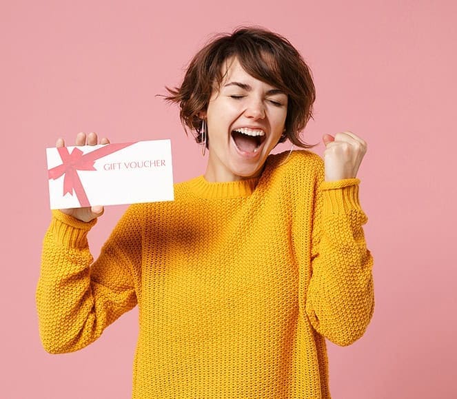 Gift voucher woman celebrating joy, celebrating Host Merchant Services gift card.