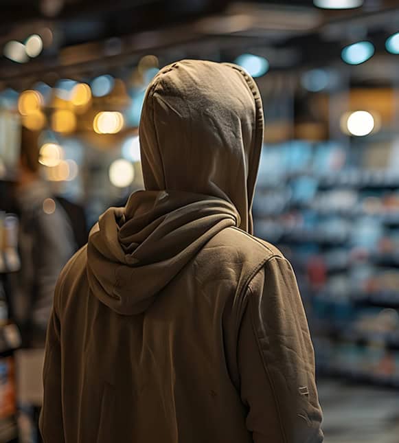 1. Person in hoodie shopping at store, modern retail, shopping mall environment, retail store scene, consumer shopping experience, Host Merchant Services.