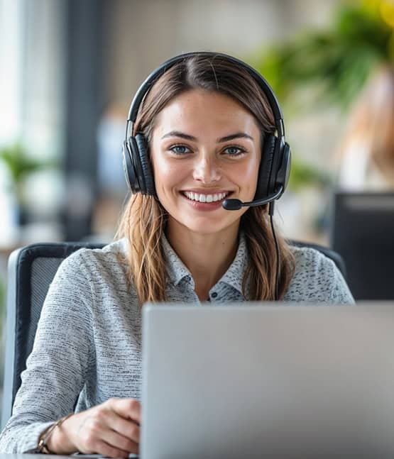 Exceptional customer support representative with headset and friendly smile at workspace.