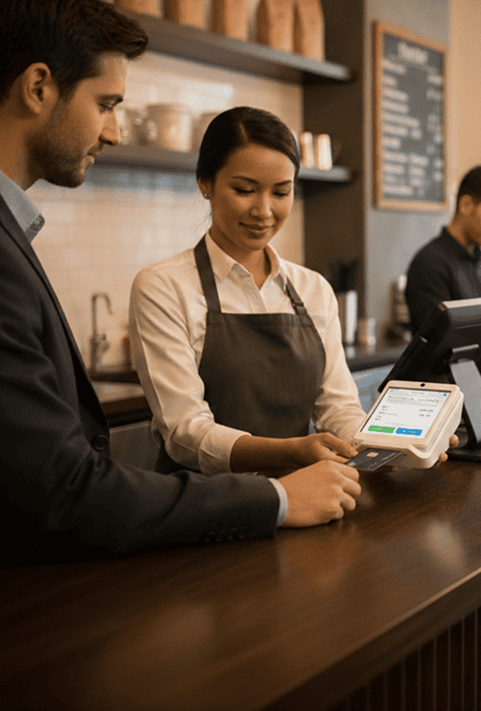 Secure mobile payment processing at a café with Host Merchant Services; seamless transactions for small businesses.