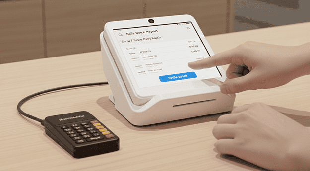 Mobile point of sale transaction device for merchant payment processing.