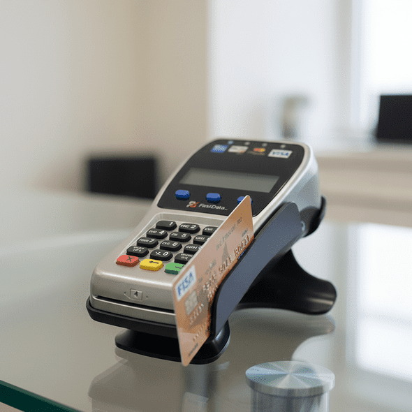 Contactless payment terminal for secure credit card transactions, compatible with Visa, MasterCard, and Discover.