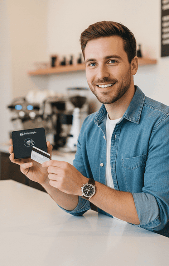 Contactless payment with a credit card and smartphone at a modern retail checkout.