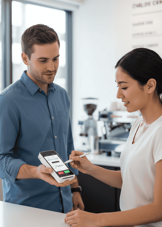 Contactless payment transaction at a coffee shop using a mobile card reader.