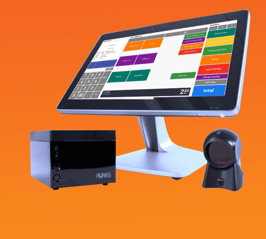 Point-of-sale payment terminal with integrated touchscreen and card reader for business transactions.