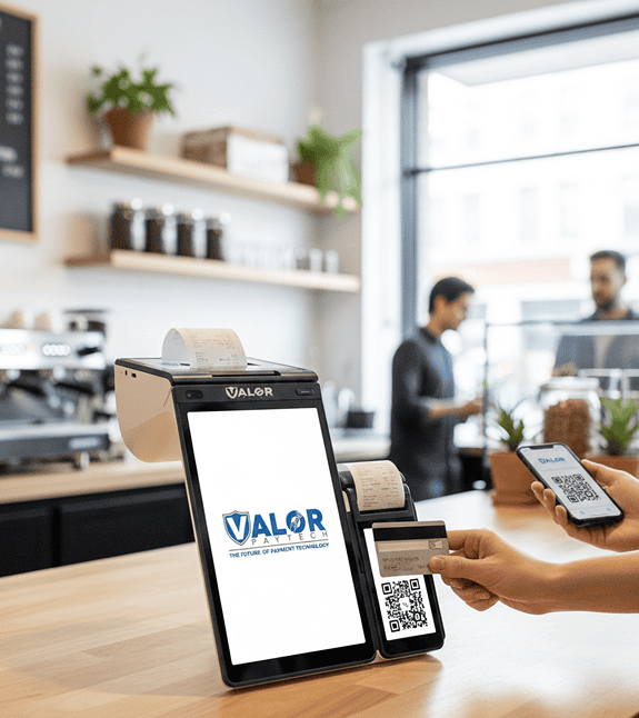 Mobile payment terminal by Host Merchant Services with QR code technology for seamless transactions.
