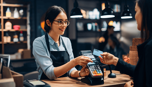 Secure payment processing at a modern cafe with merchant services.