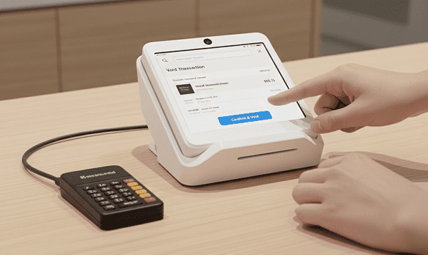 Contactless payment terminal for secure card transactions at Host Merchant Services.