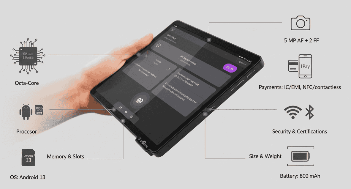 Compact Android 13 POS device for Host Merchant Services with secure payment processing and versatile features.