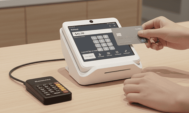 Contactless payment terminal with credit card for seamless merchant transactions.