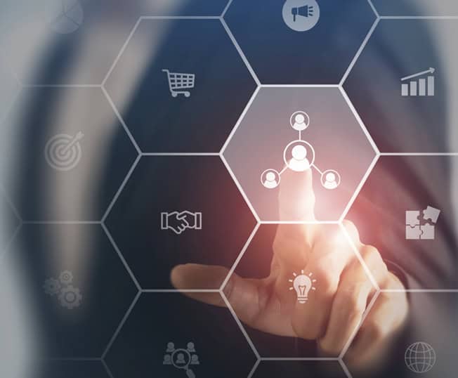 1. Touchscreen business network interface with icons for marketing, finance, and growth.