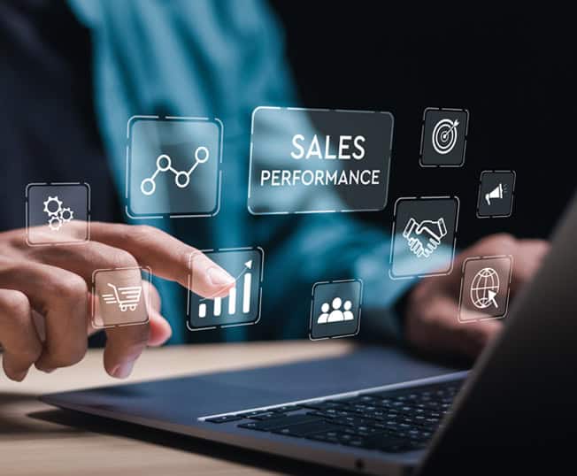 Digital sales and marketing analytics interface with sales performance icons for business growth.