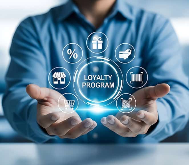 Digital loyalty program icons representing customer rewards and merchant benefits.