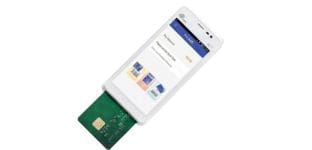 Contactless payment terminal with credit card reader and smartphone interface.