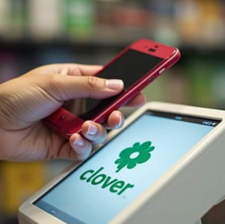 Mobile payment transaction using Clover POS system for secure merchant payments.