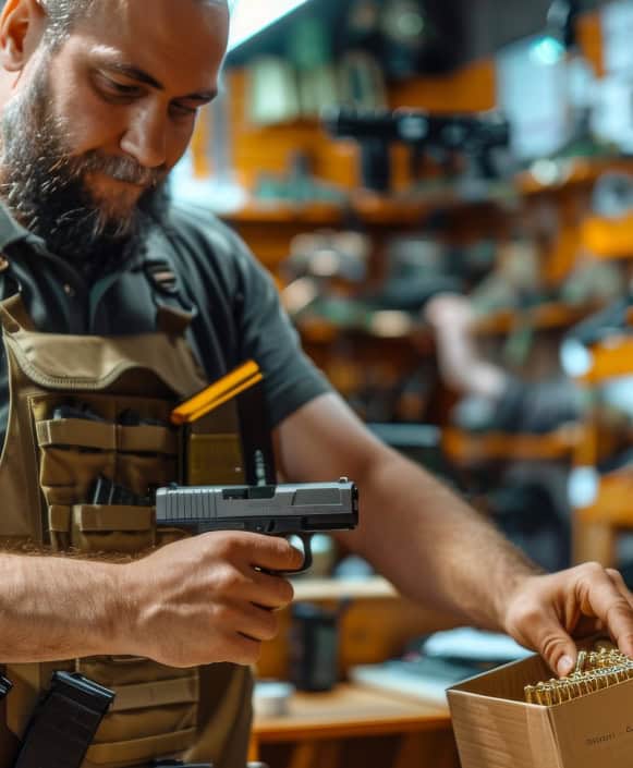 Firearm safety, retail ammo, and tactical gear in a sporting goods store.