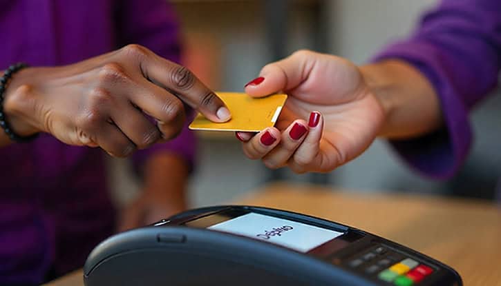 Contactless card payment transaction at POS machine, merchant services for businesses.
