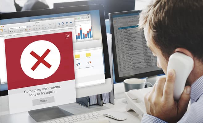Error message on computer screen, business tech troubleshooting, office workspace, digital payment issues.