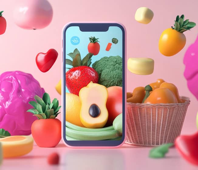 Bright smartphone displaying fruit collection, surrounded by colorful fruits and vegetables, vibrant pink background.