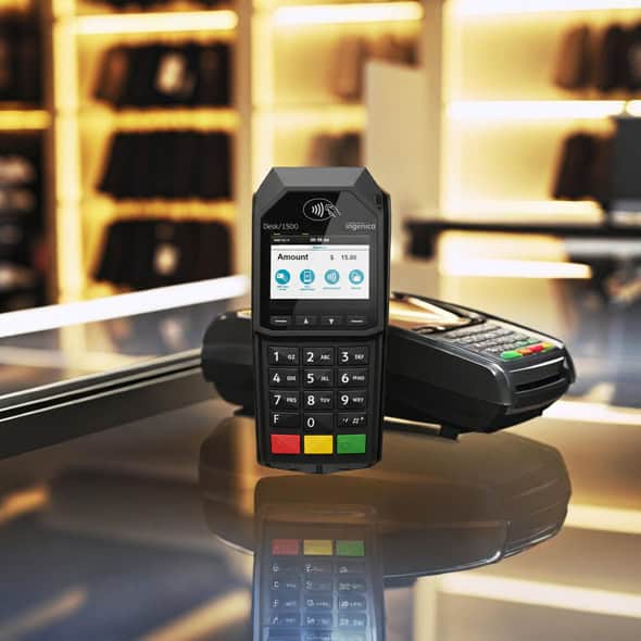 Contactless payment terminal for merchant transactions at Host Merchant Services store.