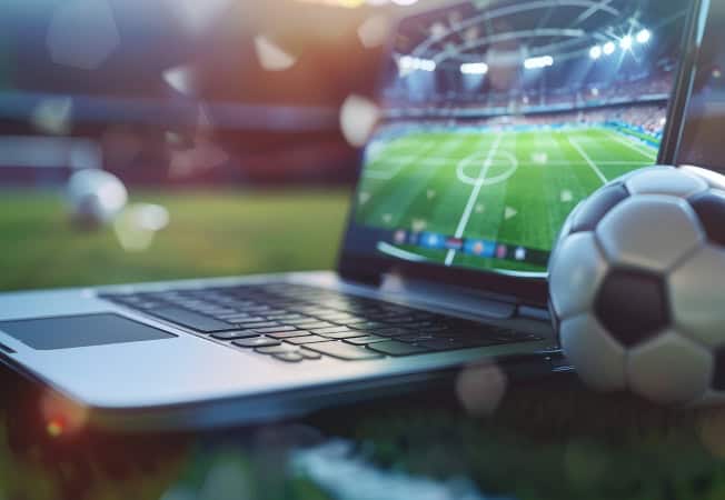 Laptop displaying a soccer game with a soccer ball on the field, representing sports betting and online gambling.