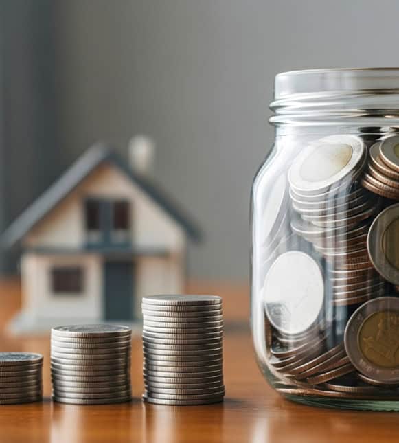 Stacks of coins and a glass jar for savings with a house model in the background, emphasizing financial growth with Host Merchant Services.