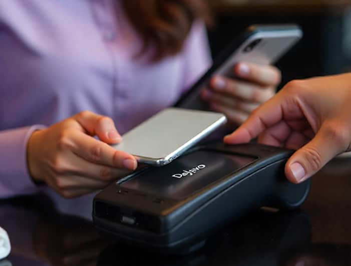 Contactless payment with mobile phone and credit card reader at checkout.
