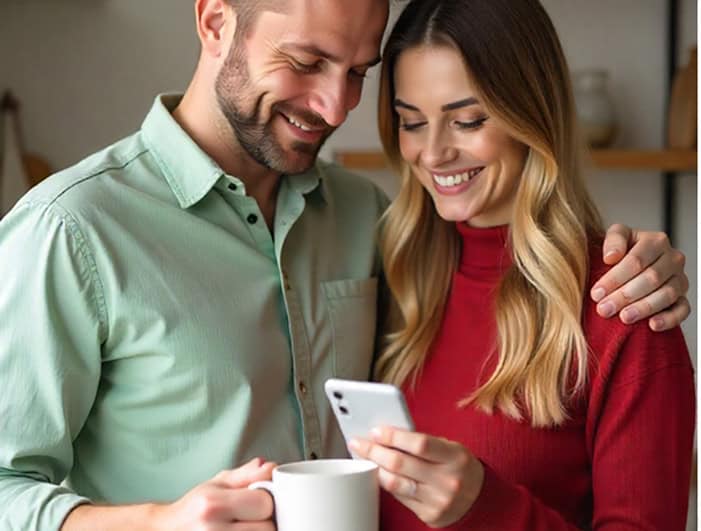 Smart couple using mobile payment app for secure credit card processing at home.
