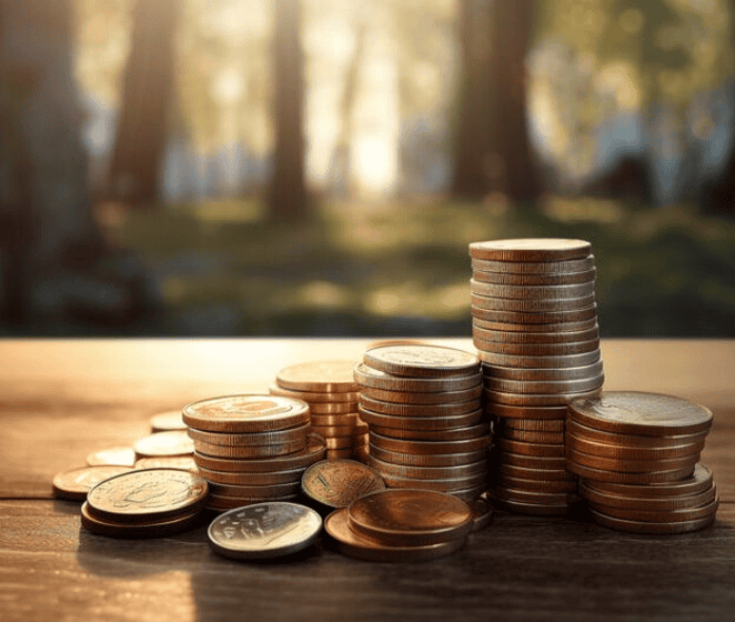 Coins stacked outdoors with sunlight in the background, symbolizing financial growth and merchant services.