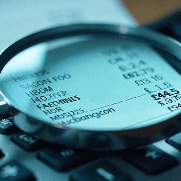 Magnifying glass over receipt on keyboard, illustrating merchant payment processing services.