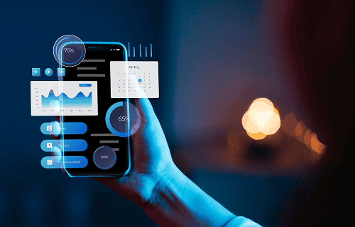 Mobile App Integrations saas image Mobile payment processing technology with digital analytics on smartphone screen.